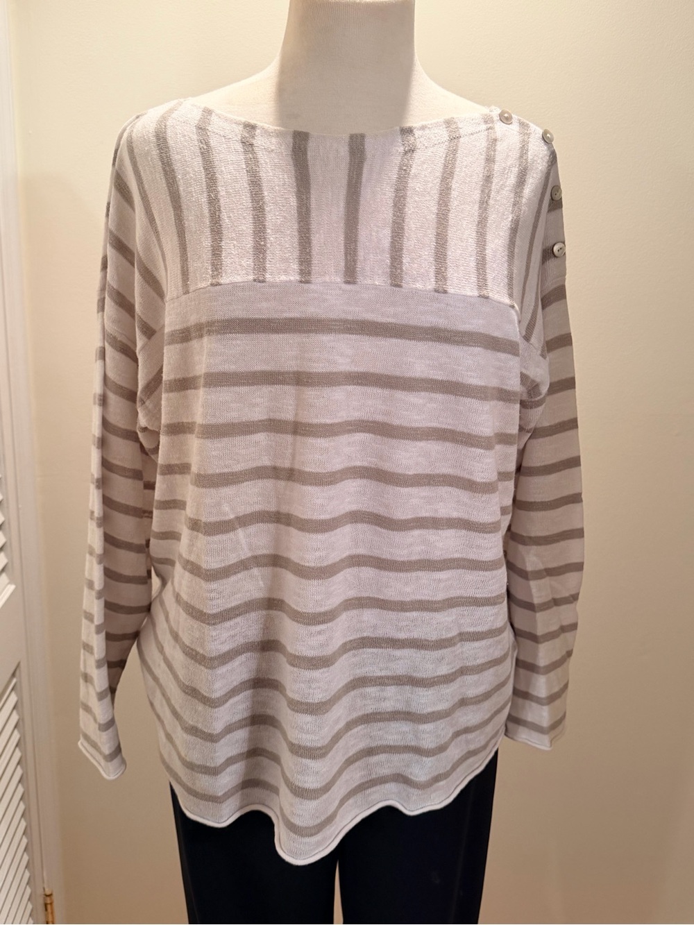 Eileen Fisher Beige and White Striped Boatneck Sweater